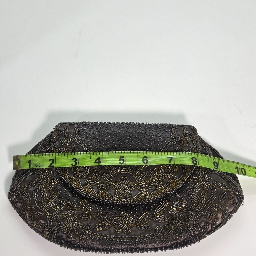 Vintage French Beaded Clutch Taupe Bronze Art Deco Evening Bag Micro Bead Floral - Picture 12 of 15